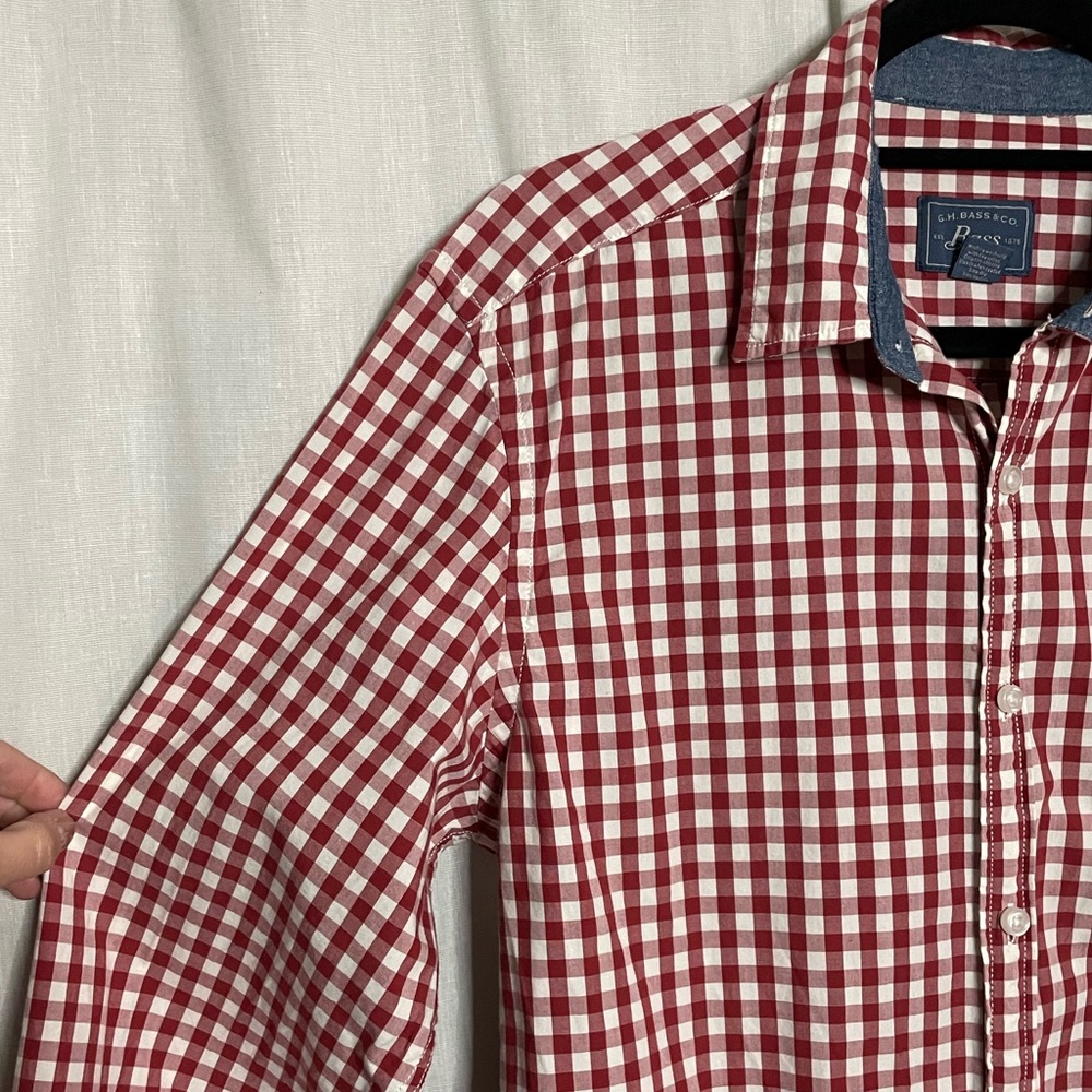 Bass Red & White Checked 100% Cotton Button-Up Long Sleeve Shirt RN 69426 - Picture 6 of 14